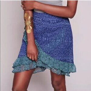 Free People Around The World Ruffle Pattern Mini Skirt Green And Blue Size 6